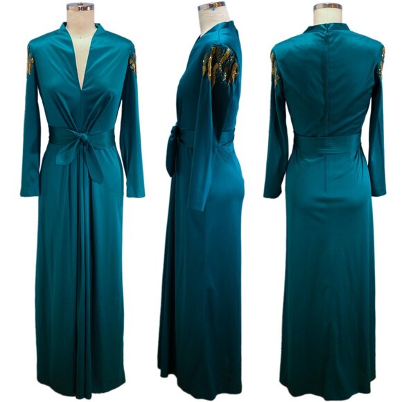 Vintage Berkertex Teal Gown with Beaded Sleeves- Size 6/8 - Excellent condition - Picture 1 of 9